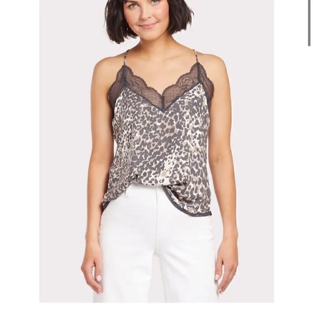 Lovestitch Lace Trim Animal Leopard Print Satin Camisole Racerback V-neck Tank